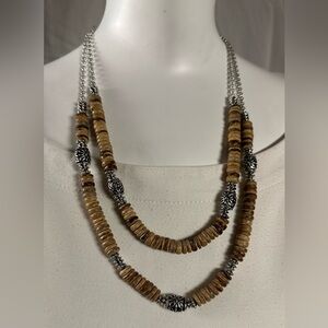 Natural-Color & Silver 2-Row Beaded Necklace -NWT